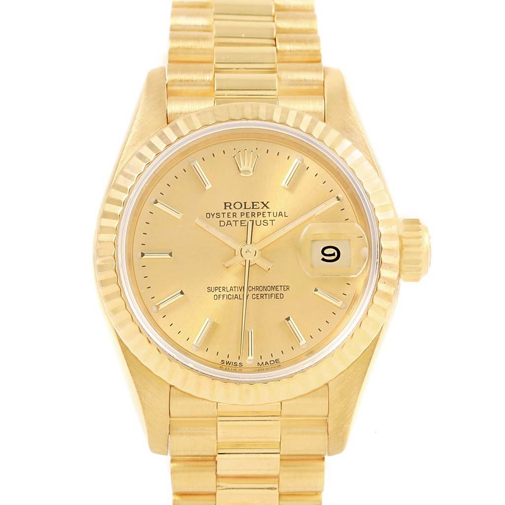 The image shows a front view of a Rolex President 69178 Women's Yellow Gold Champagne Dial 69178 Women's Yellow Gold Champagne Dial model watch, highlighting the dial, bezel, and bracelet.