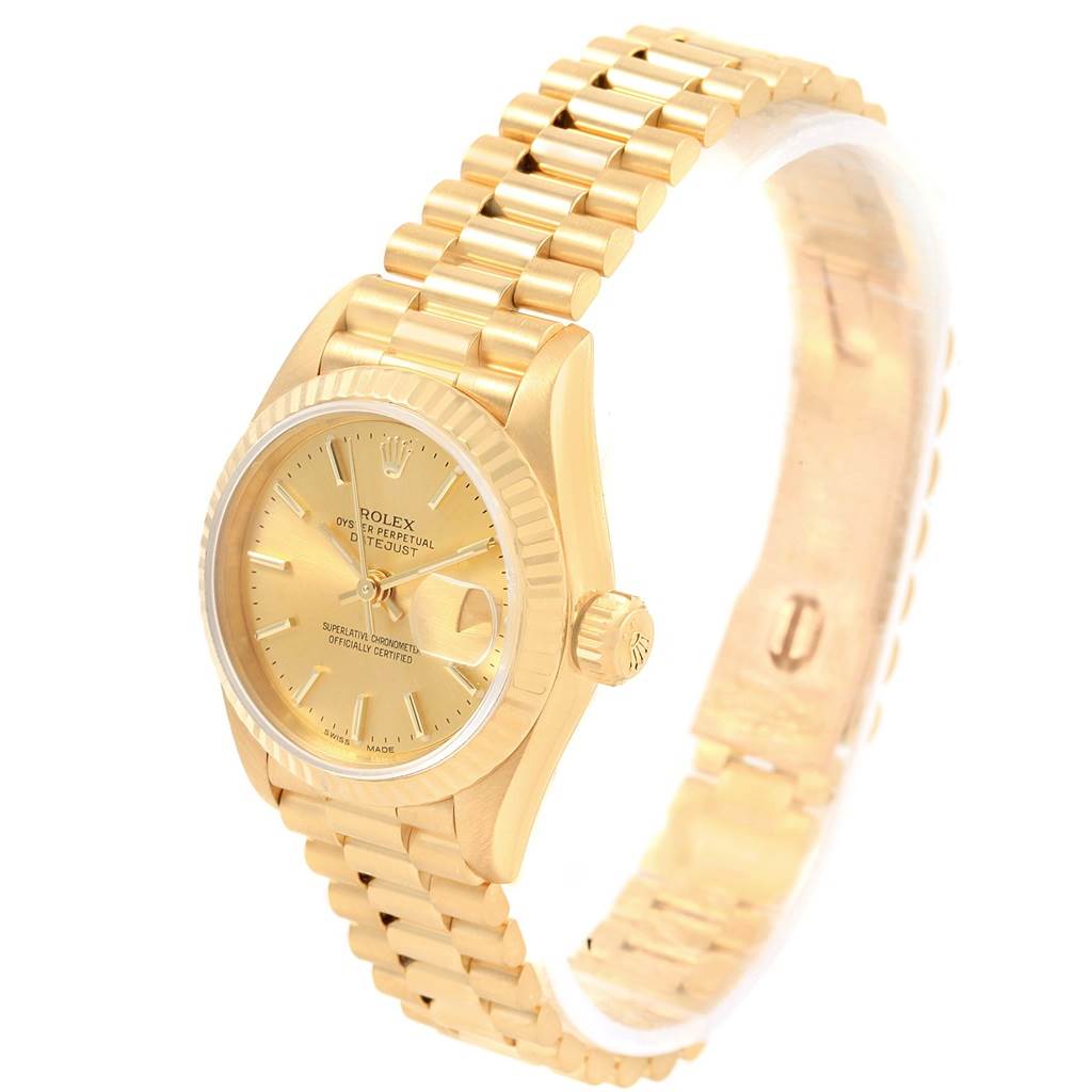 The image shows a Rolex President 69178 Women's Yellow Gold Champagne Dial 69178 Women's Yellow Gold Champagne Dial model watch from a side angle, depicting the dial, bezel, crown, and bracelet.