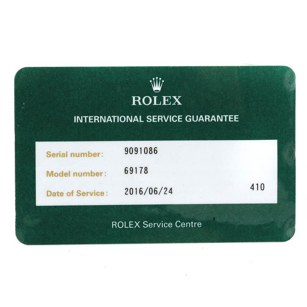 This is a Rolex International Service Guarantee card for the President model, showing the serial and model numbers along with the service date.