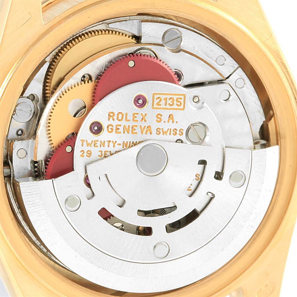 The image shows the internal mechanism of a Rolex President 69088 Women's Yellow Gold Blue Dial 69088 Women's Yellow Gold Blue Dial model watch viewed from the back.