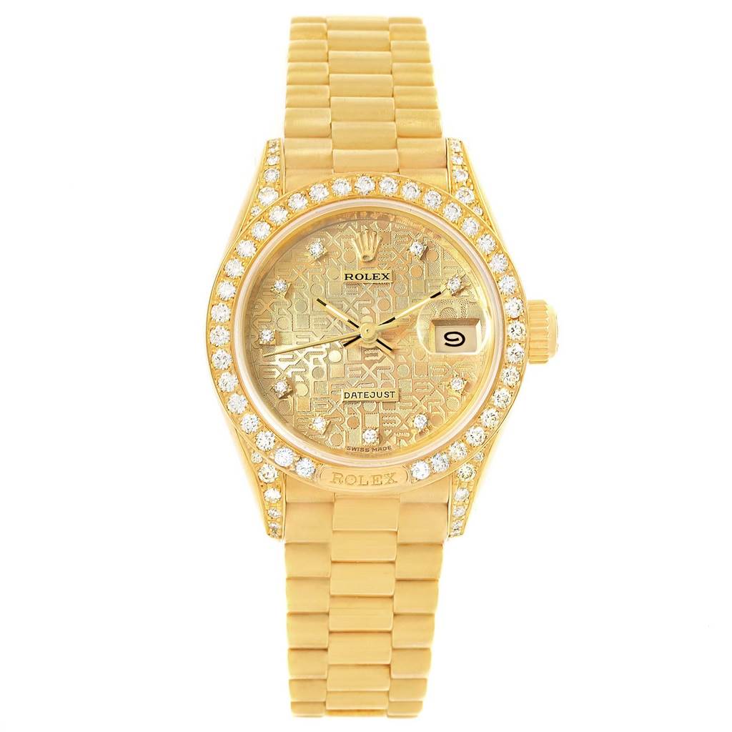 The watch is a Rolex President 69198 Women
s Yellow Gold Champagne Dial 69198 Women
s Yellow Gold Champagne Dial model, shown from a top-down angle, featuring the face, bezel, and bracelet.