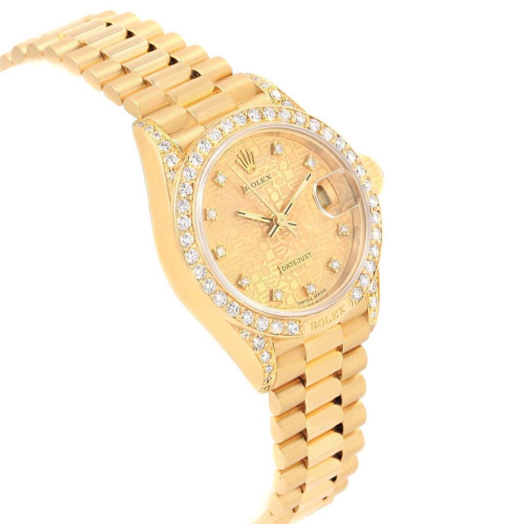 This image shows a side angle of a Rolex President 69198 Women
s Yellow Gold Champagne Dial 69198 Women
s Yellow Gold Champagne Dial model watch, highlighting the gold bracelet, diamond bezel, and dial with date function.
