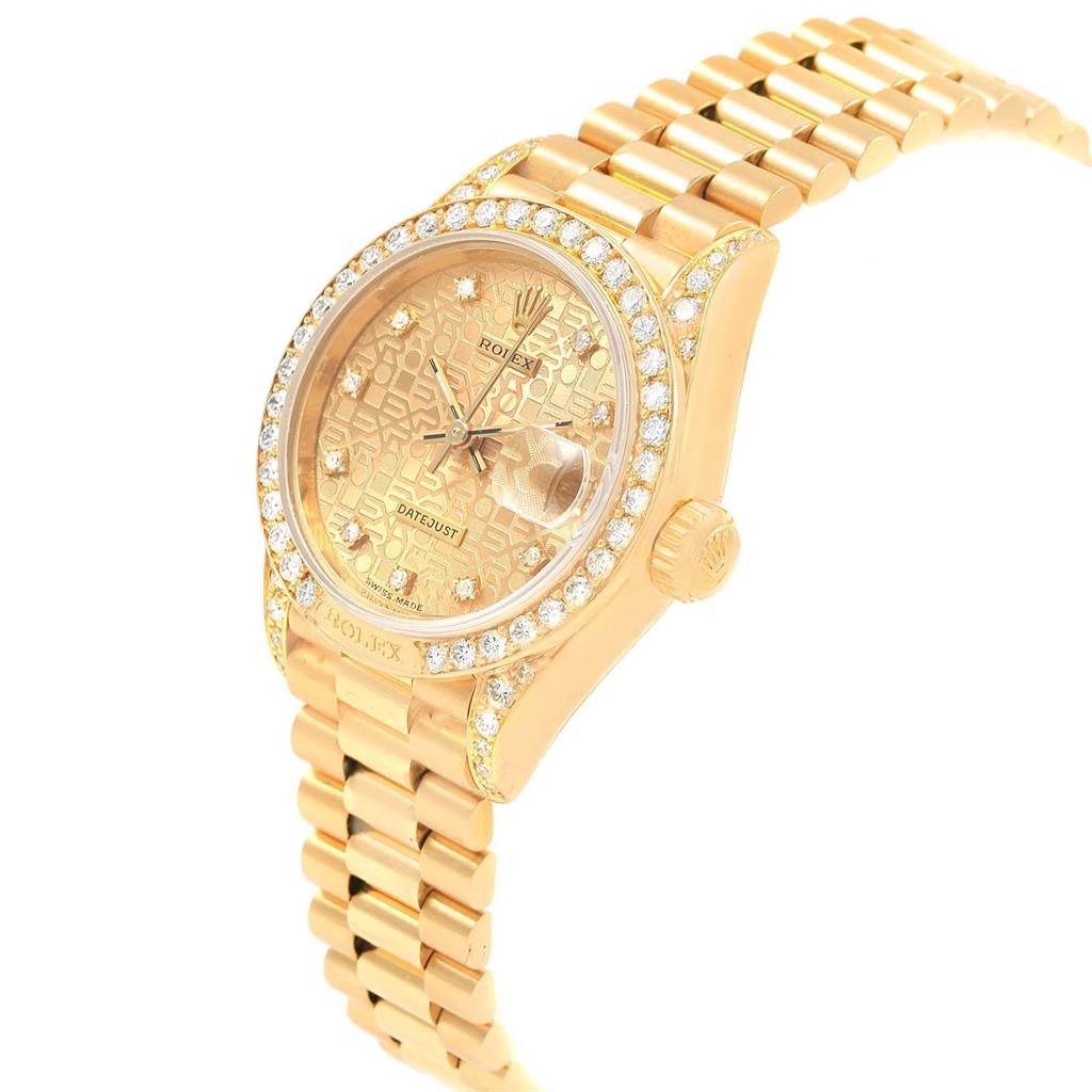 The image shows a Rolex President 69198 Women
s Yellow Gold Champagne Dial 69198 Women
s Yellow Gold Champagne Dial model watch from a three-quarter angle, highlighting the watch face, bezel, crown, and bracelet.