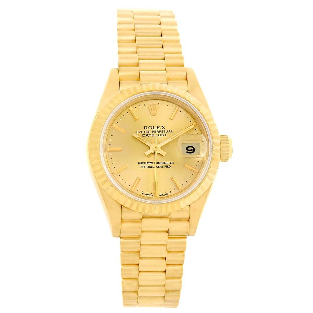 The image shows a front view of a gold Rolex President 69178 Women
s Yellow Gold Champagne Dial 69178 Women
s Yellow Gold Champagne Dial model watch, displaying its face, bezel, and bracelet.