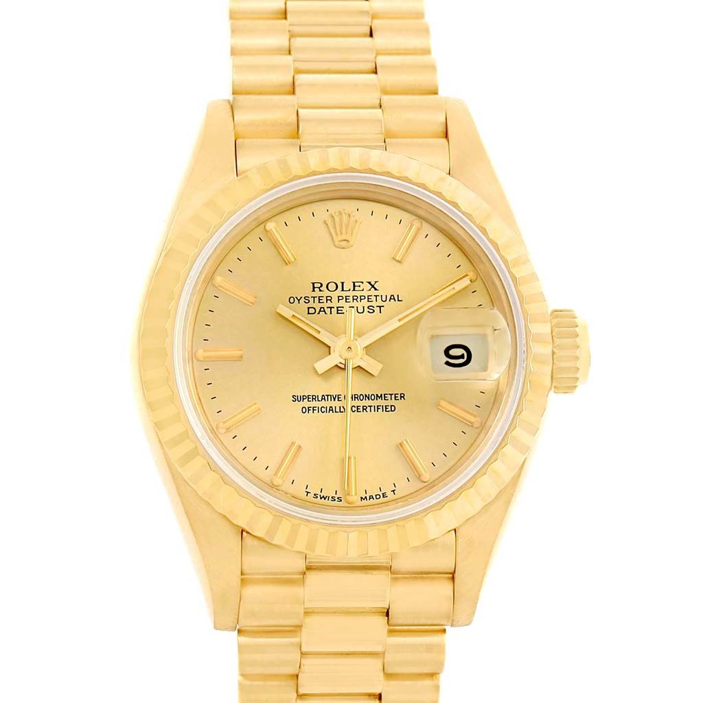 The image shows a frontal view of the Rolex President 69178 Women
s Yellow Gold Champagne Dial 69178 Women
s Yellow Gold Champagne Dial model watch, displaying its dial, bezel, bracelet, and date window.