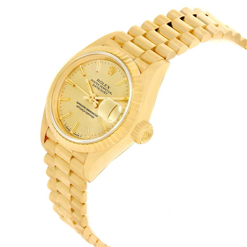 The image shows a side-angle view of a Rolex President 69178 Women
s Yellow Gold Champagne Dial 69178 Women
s Yellow Gold Champagne Dial model watch, highlighting the dial, crown, and bracelet.