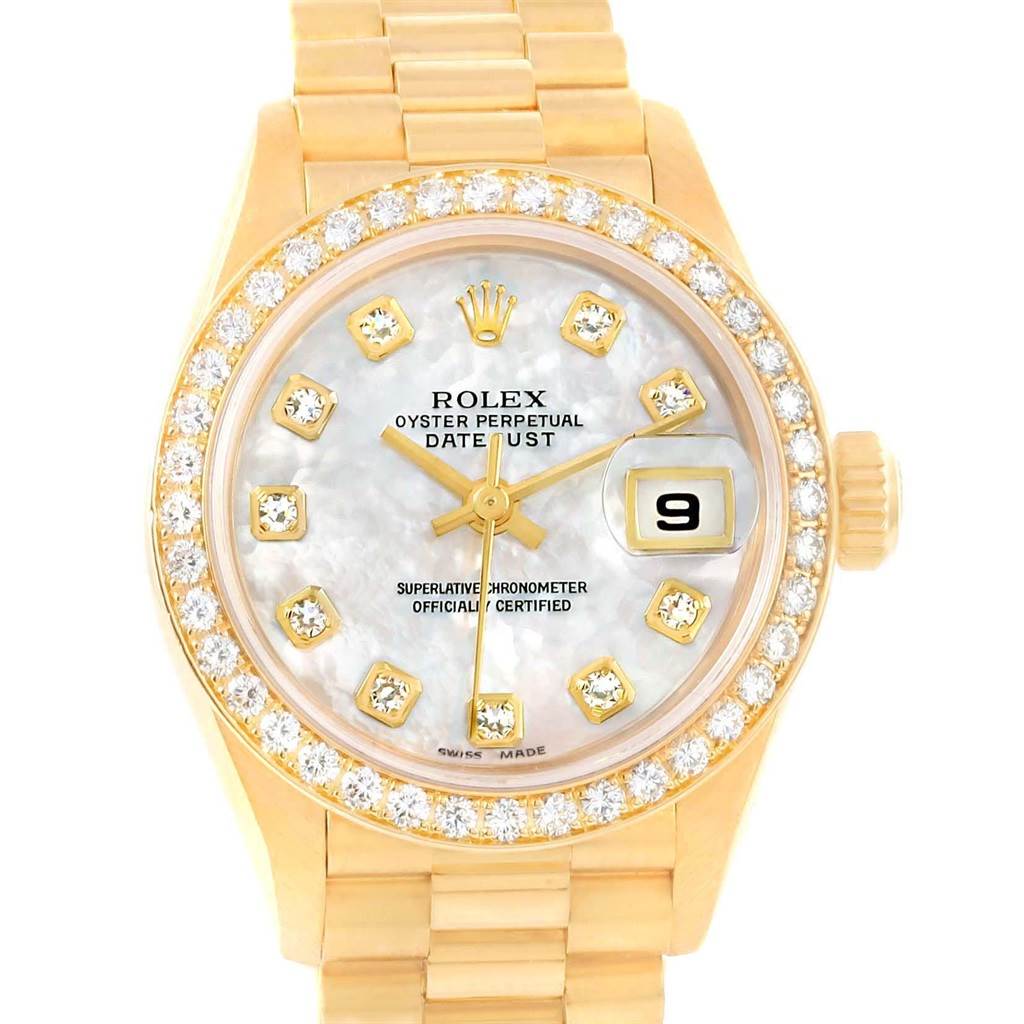 This image shows a frontal view of the Rolex President 79138 Women
s Yellow Gold Champagne Dial 79138 Women
s Yellow Gold Champagne Dial Oyster Perpetual Datejust watch, highlighting its face, bezel, and bracelet.