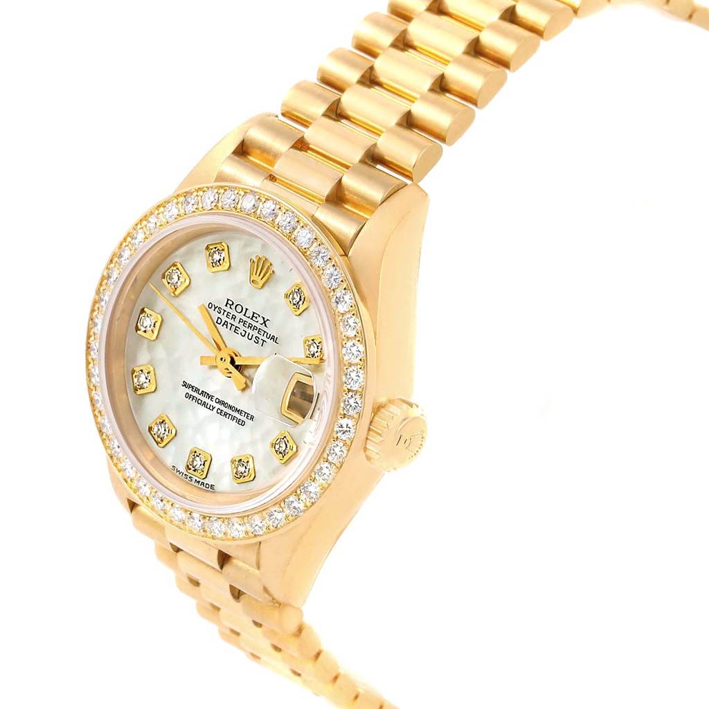 This image shows a gold Rolex President 79138 Women
s Yellow Gold Champagne Dial 79138 Women
s Yellow Gold Champagne Dial watch at a slight angle, highlighting the diamond bezel, dial, and bracelet.