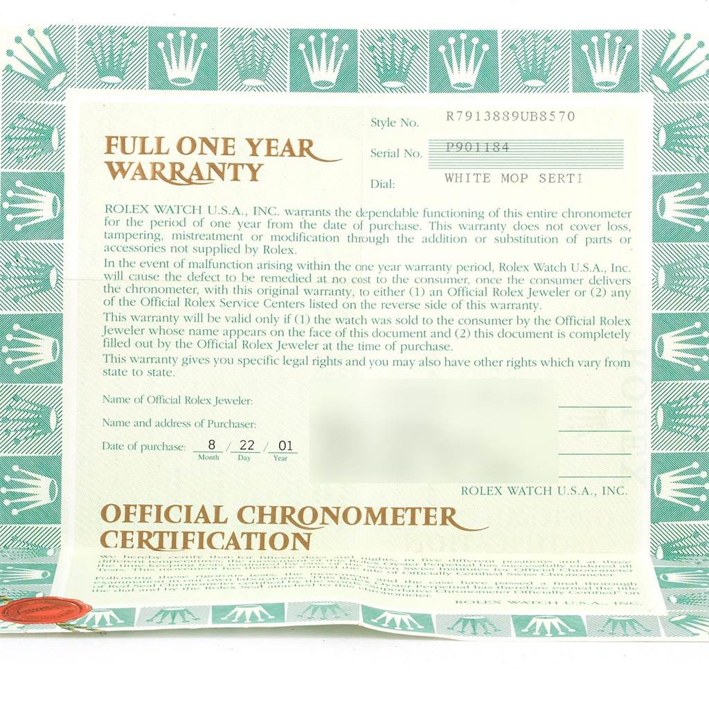 The image shows a "Rolex President 79138 Women
s Yellow Gold Champagne Dial 79138 Women
s Yellow Gold Champagne Dial" model warranty certificate with official chronometer certification.