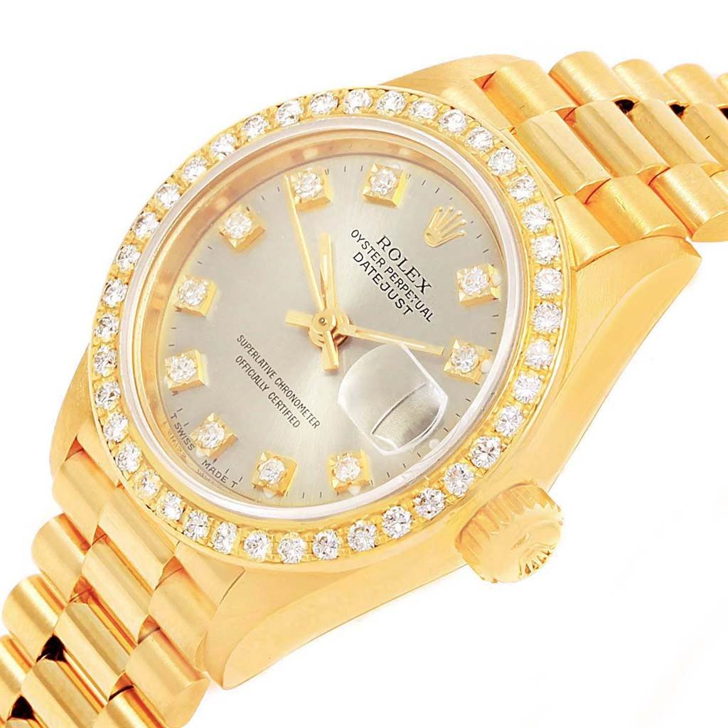 The image shows a Rolex President 69138 Women's Yellow Gold Silver Dial 69138 Women's Yellow Gold Silver Dial watch angled from the front, highlighting its dial, bezel, crown, and bracelet.
