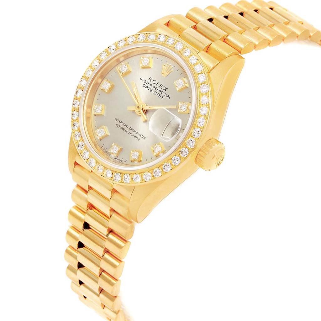 The Rolex President 69138 Women's Yellow Gold Silver Dial 69138 Women's Yellow Gold Silver Dial model watch is shown at a slight angle, displaying the face, bezel, crown, and bracelet.