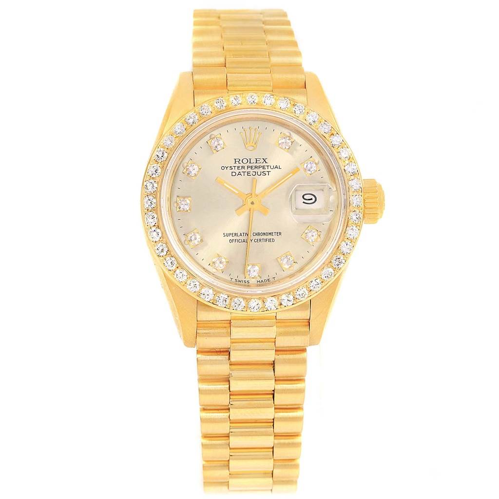 The image shows a frontal view of a Rolex President 69138 Women's Yellow Gold Silver Dial 69138 Women's Yellow Gold Silver Dial model watch, highlighting the bracelet, bezel, dial, and date window.