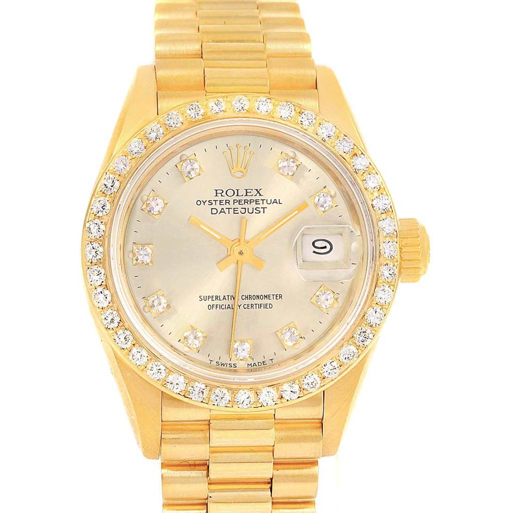 The image shows a front view of a Rolex President 69138 Women's Yellow Gold Silver Dial 69138 Women's Yellow Gold Silver Dial model watch, displaying its face, bezel, and bracelet.