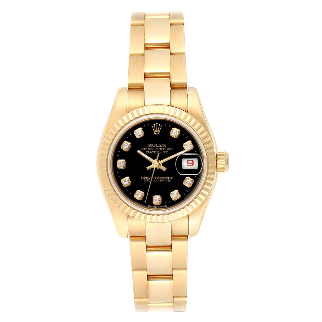 This image shows the front view of the Rolex President 179178 Women's Yellow Gold Black Dial 179178 Women's Yellow Gold Black Dial watch, featuring a black dial, gold band, and date window.