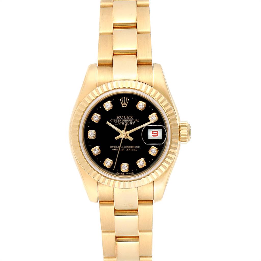 This image shows a front view of the Rolex President 179178 Women's Yellow Gold Black Dial 179178 Women's Yellow Gold Black Dial model watch, highlighting its black dial, diamond hour markers, and gold bracelet.