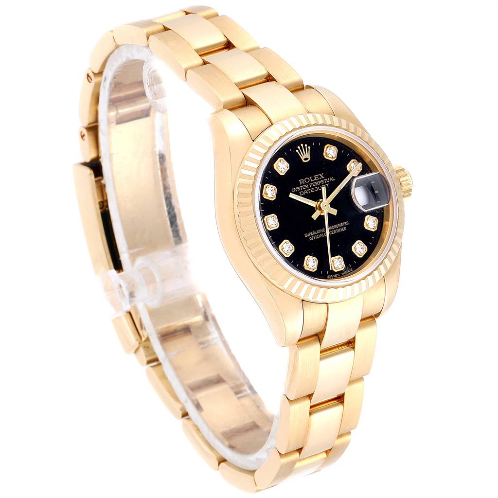 The image shows a side angle of the Rolex President 179178 Women's Yellow Gold Black Dial 179178 Women's Yellow Gold Black Dial watch, highlighting its gold bracelet, black dial, and diamond hour markers.