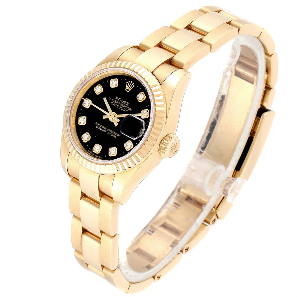 The image shows a Rolex President 179178 Women's Yellow Gold Black Dial 179178 Women's Yellow Gold Black Dial model watch at an angled view, highlighting its gold bracelet, black dial, and diamond hour markers.