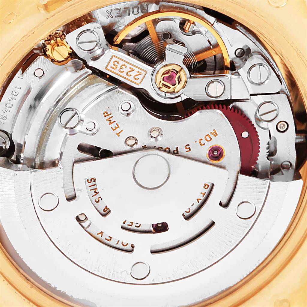 The image shows a close-up view of the movement and internal components of a Rolex President 179178 Women's Yellow Gold Black Dial 179178 Women's Yellow Gold Black Dial model watch.