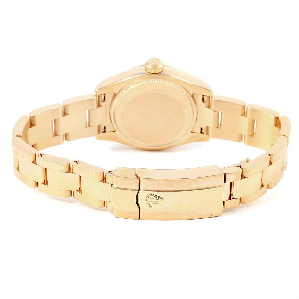 The image shows the back and bracelet of a Rolex President 179178 Women's Yellow Gold Black Dial 179178 Women's Yellow Gold Black Dial model watch in a gold finish.