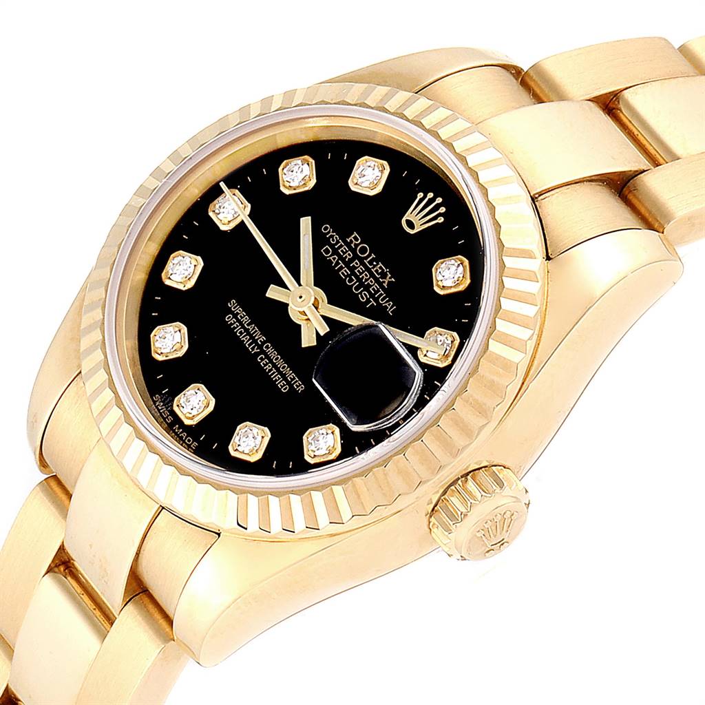 The image shows a close-up, angled view of the dial, bezel, and part of the bracelet of a Rolex President 179178 Women's Yellow Gold Black Dial 179178 Women's Yellow Gold Black Dial model watch.
