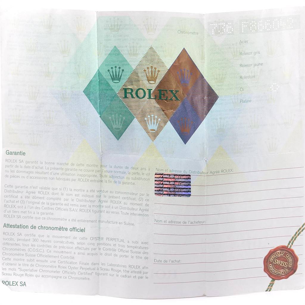 This image shows the warranty and certification papers for the Rolex President 179178 Women's Yellow Gold Black Dial 179178 Women's Yellow Gold Black Dial model watch.