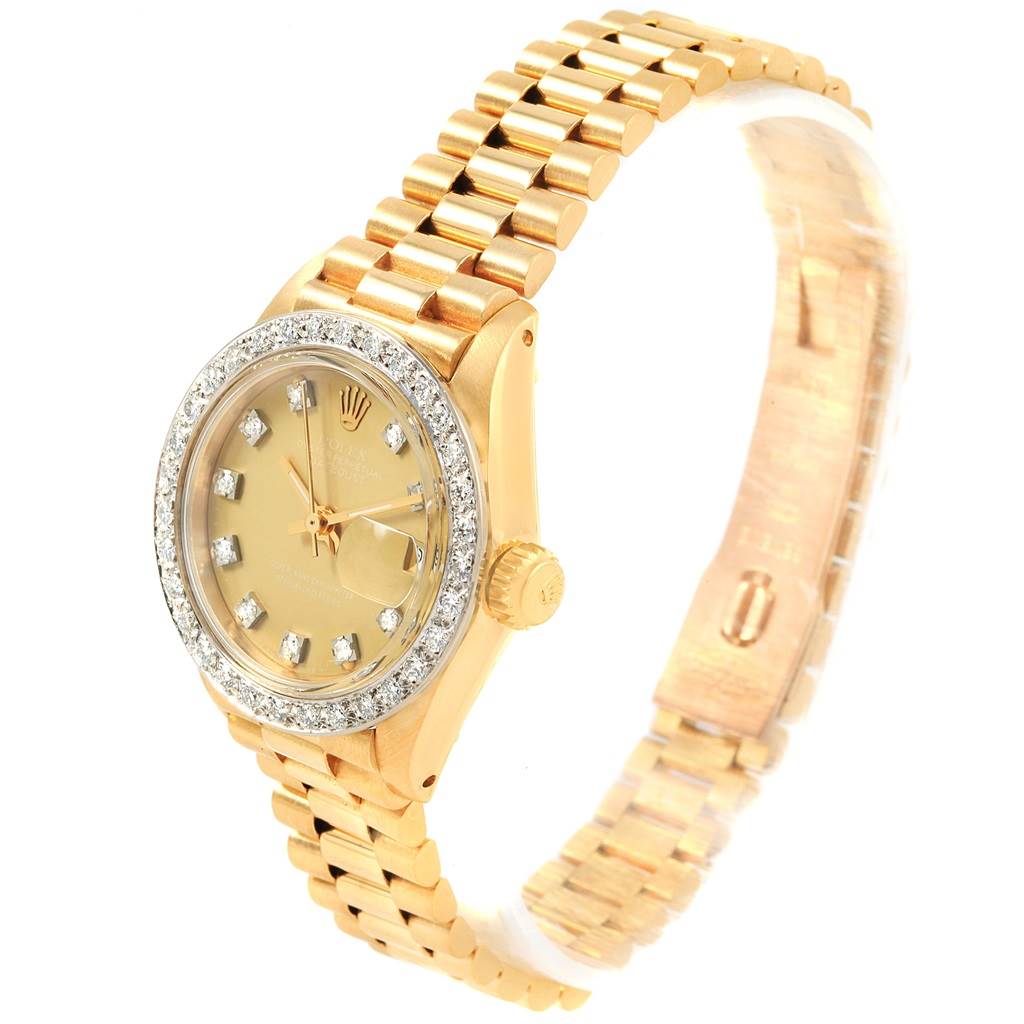 The image shows the Rolex President 6917 Women
s Yellow Gold Champagne Dial 6917 Women
s Yellow Gold Champagne Dial model watch from an angled front view, displaying the watch face, bezel, and bracelet.