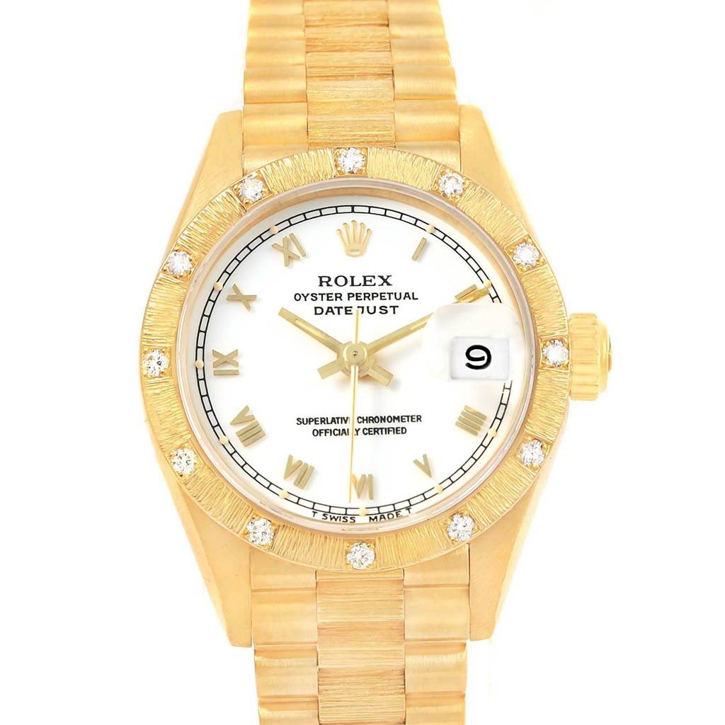 This image shows a Rolex President 69288 Women
s Yellow Gold White Dial 69288 Women
s Yellow Gold White Dial model watch from a front angle, displaying the dial, bezel, and bracelet.