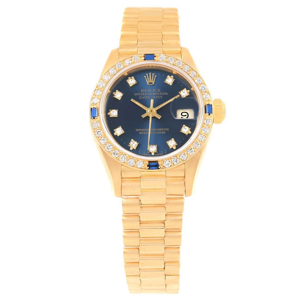The image shows a Rolex President 69178 Women's Yellow Gold Blue Dial 69178 Women's Yellow Gold Blue Dial model watch taken from a front-facing angle, highlighting the face, bezel, and bracelet.