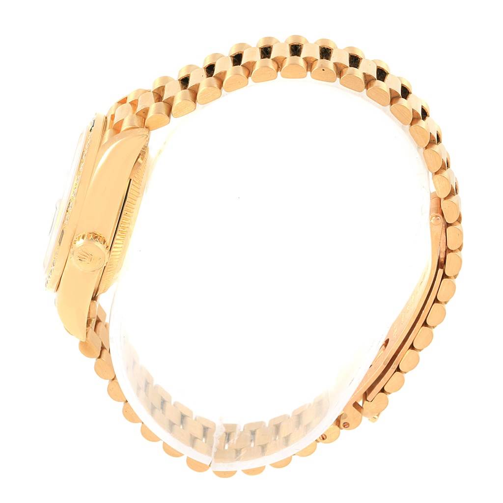 The image shows a side view of the Rolex President 69178 Women's Yellow Gold Blue Dial 69178 Women's Yellow Gold Blue Dial model watch, highlighting the bezel, crown, and bracelet links.