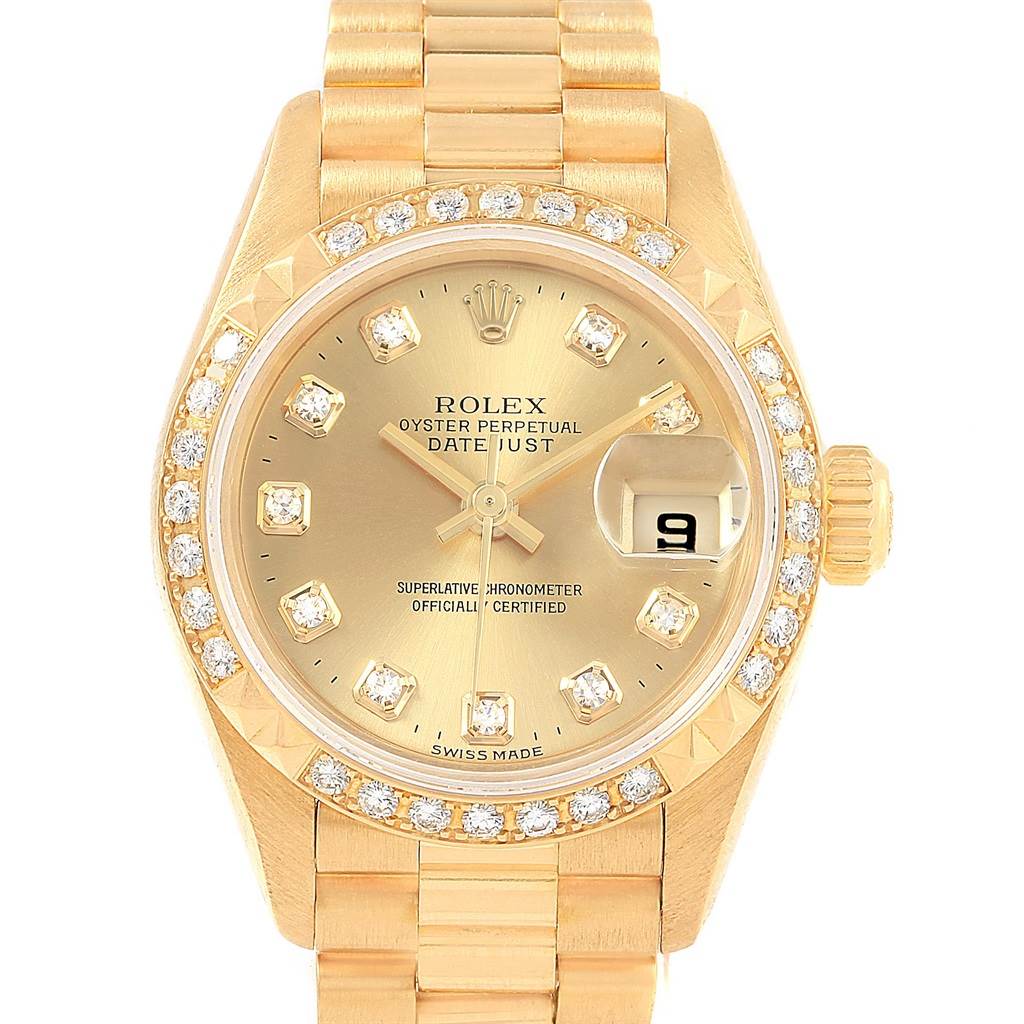 This image shows a front view of a Rolex President 79268 Women
s Yellow Gold Champagne Dial 79268 Women
s Yellow Gold Champagne Dial model watch featuring its dial, bezel, and bracelet.
