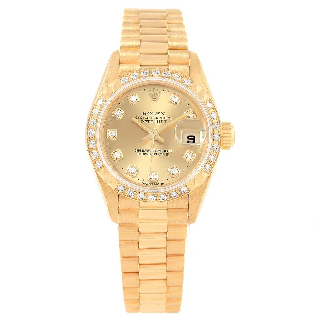 The image shows a front view of a Rolex President 79268 Women
s Yellow Gold Champagne Dial 79268 Women
s Yellow Gold Champagne Dial model watch, including its face, bezel, and bracelet.