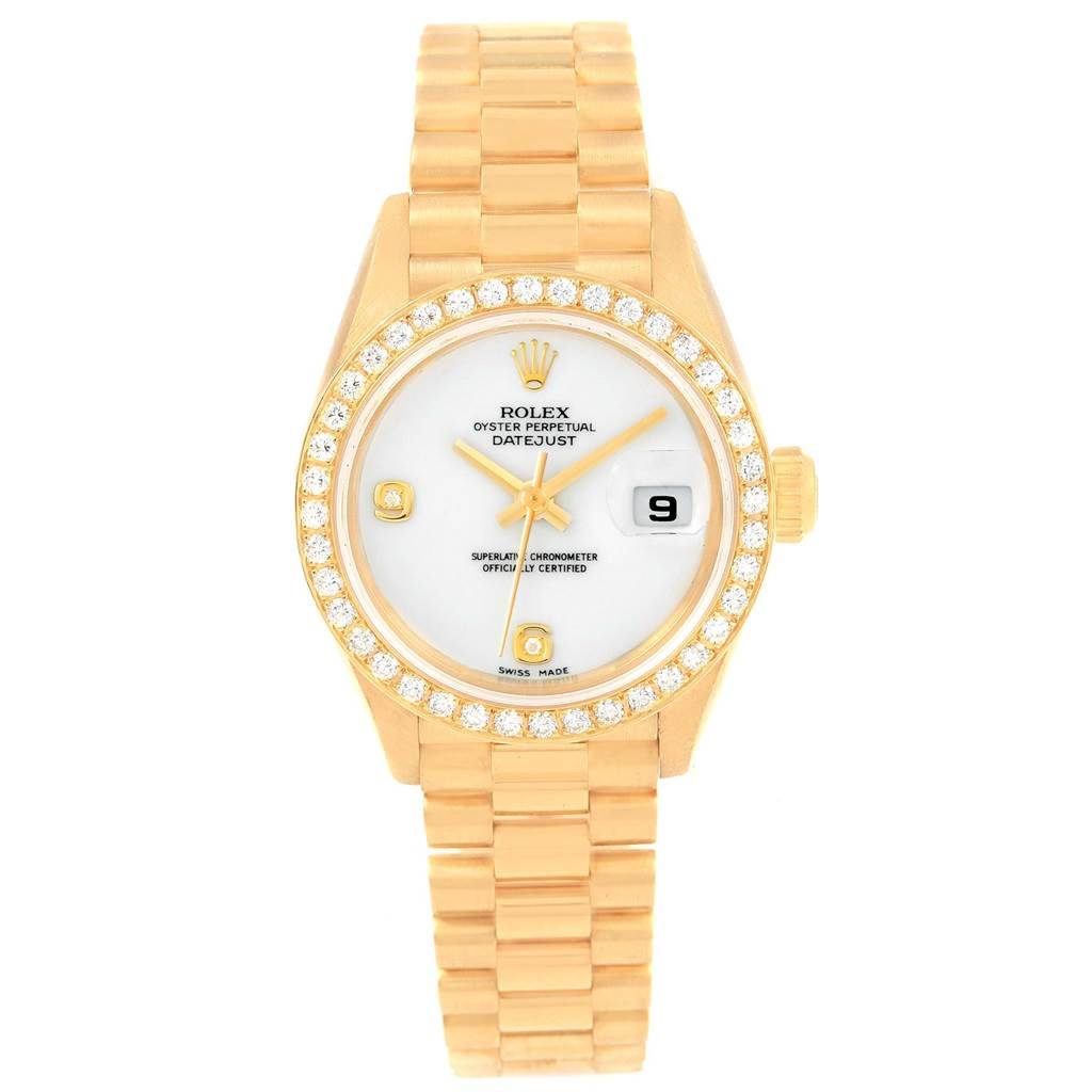 The image shows a frontal view of a Rolex President 79138 Women
s Yellow Gold White Dial 79138 Women
s Yellow Gold White Dial model watch, including the face, bezel, and full bracelet.