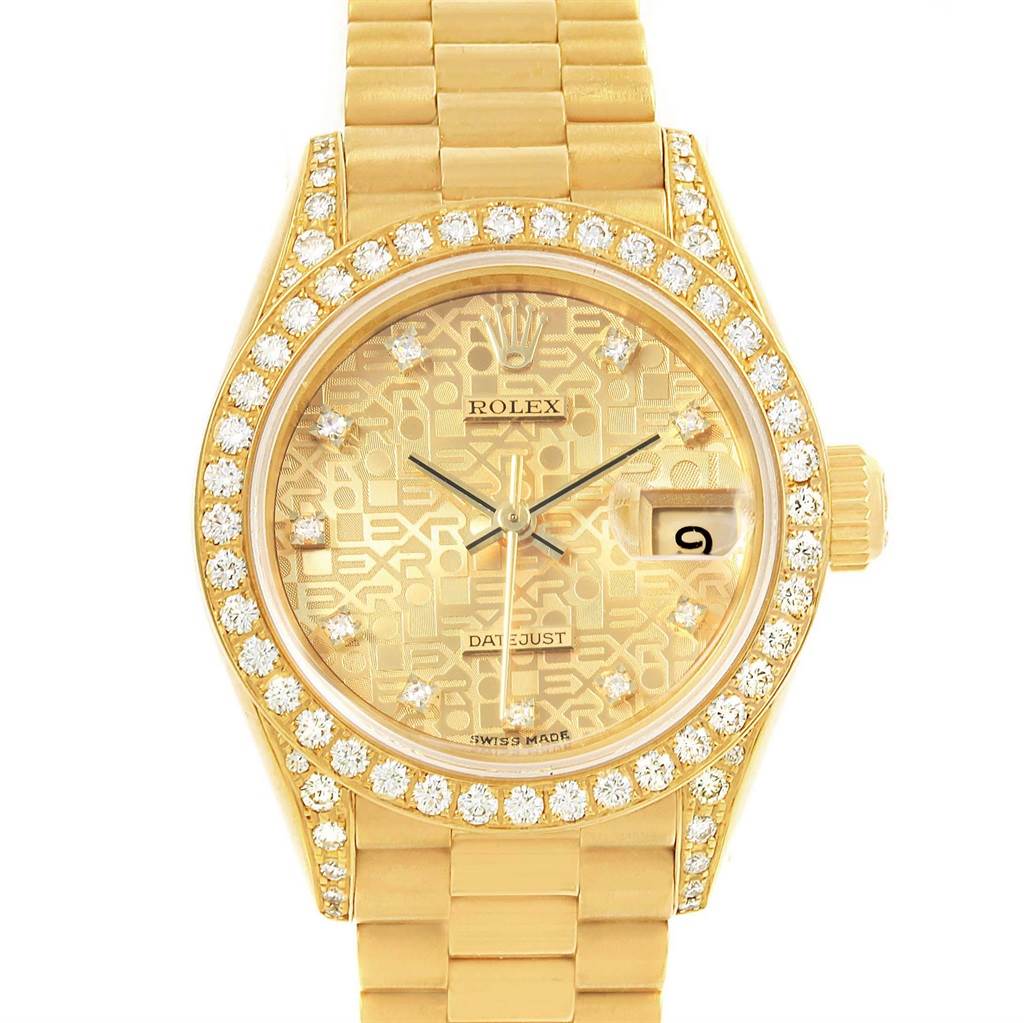 The Rolex President 69158 Women
s Yellow Gold Champagne Dial 69158 Women
s Yellow Gold Champagne Dial model watch is shown from a top-down angle, displaying the face, bezel, and bracelet.