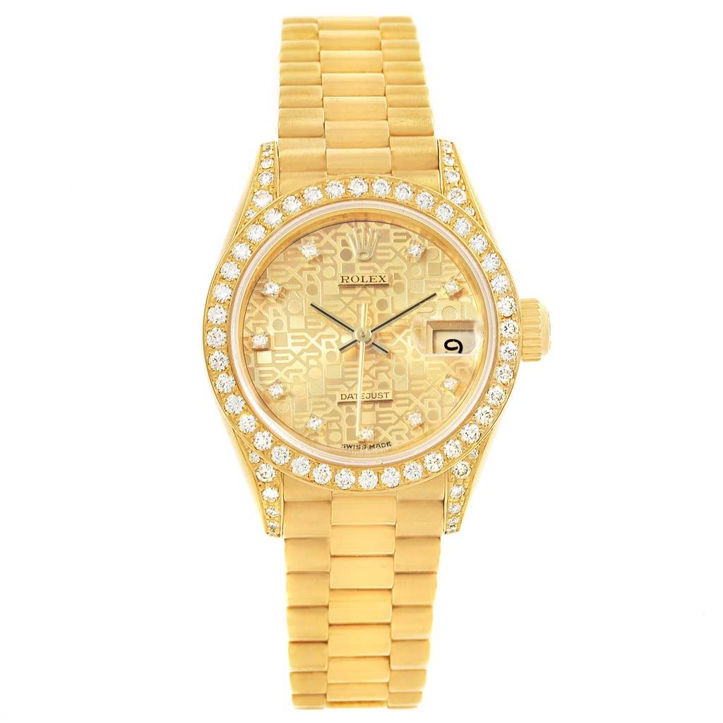 The Rolex President 69158 Women
s Yellow Gold Champagne Dial 69158 Women
s Yellow Gold Champagne Dial watch is shown from a top-down angle, featuring its band, face, bezel, and crown with date display.