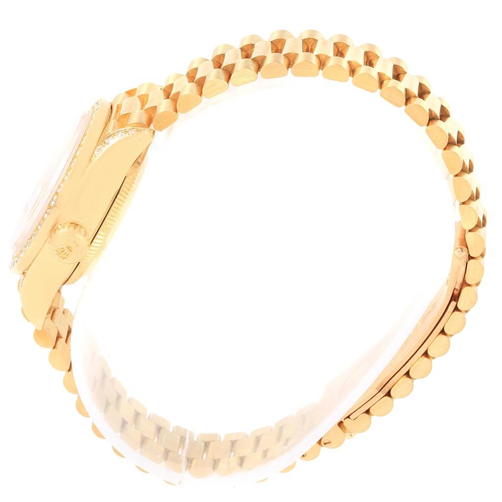 The image shows a side view of a Rolex President 69158 Women
s Yellow Gold Champagne Dial 69158 Women
s Yellow Gold Champagne Dial model watch, highlighting the gold case and bracelet.