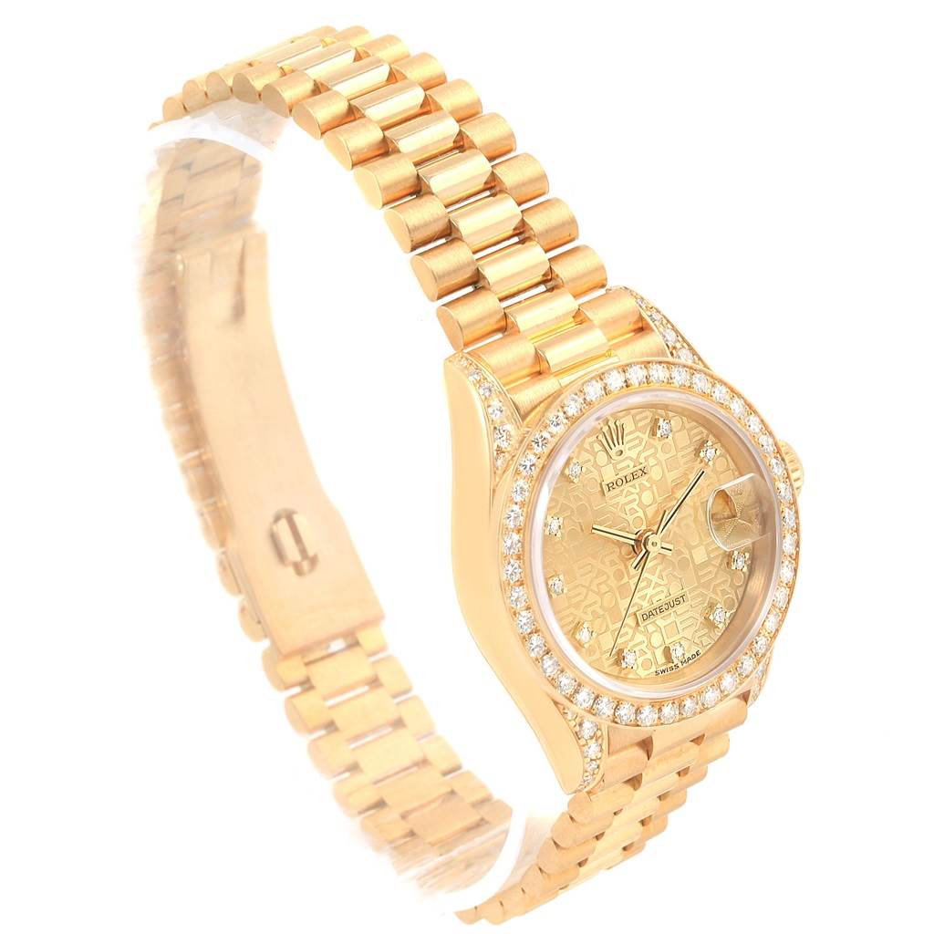 The Rolex President 69158 Women
s Yellow Gold Champagne Dial 69158 Women
s Yellow Gold Champagne Dial model watch is shown at an angled side view, showcasing the dial, bezel, and gold link bracelet.