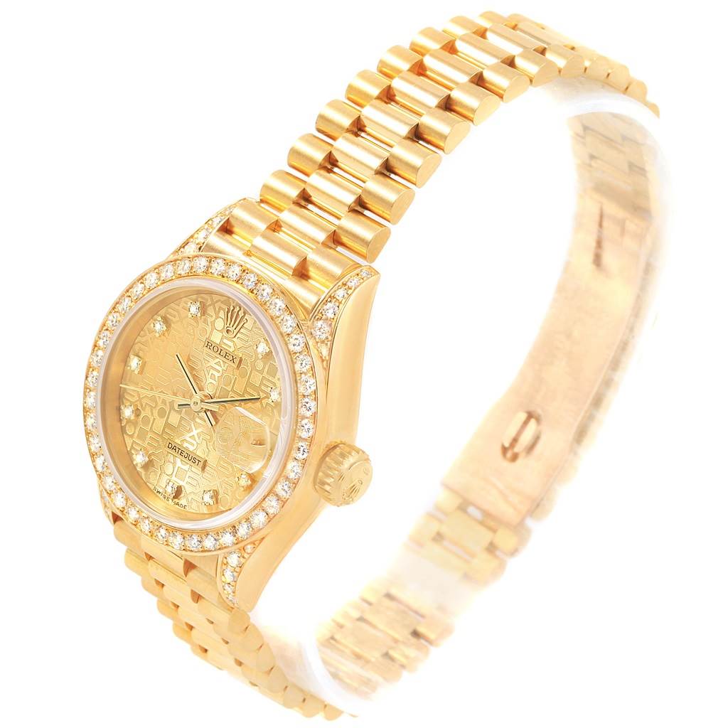 The Rolex President 69158 Women
s Yellow Gold Champagne Dial 69158 Women
s Yellow Gold Champagne Dial model watch is shown with a gold bracelet, jeweled bezel, and gold dial, angled slightly from above.
