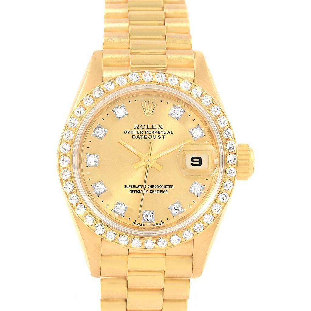 This image shows a frontal view of a Rolex President 69138 Women
s Yellow Gold Champagne Dial 69138 Women
s Yellow Gold Champagne Dial model watch, highlighting its dial, diamond bezel, and bracelet.