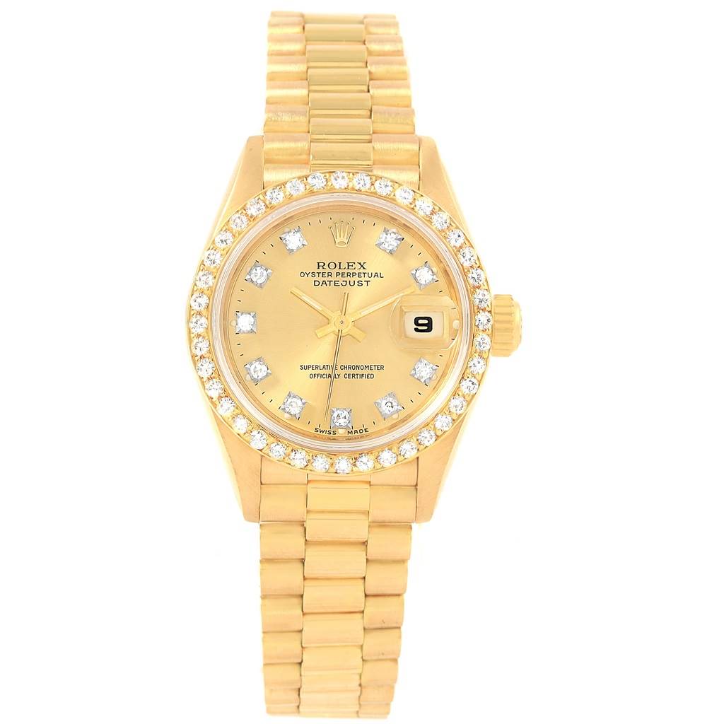 The image shows a front view of a Rolex President 69138 Women
s Yellow Gold Champagne Dial 69138 Women
s Yellow Gold Champagne Dial model watch, highlighting its gold bracelet, diamond bezel, and dial.