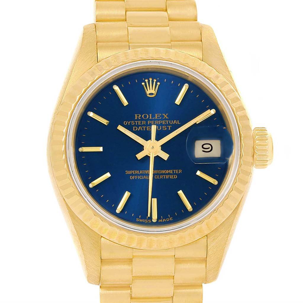 The image shows a frontal view of the Rolex President 69178 Women's Yellow Gold Blue Dial 69178 Women's Yellow Gold Blue Dial model with a blue dial and a date window.