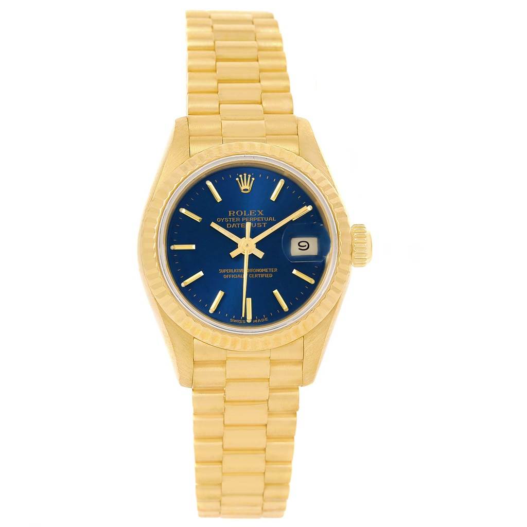 This image shows a frontal view of the Rolex President 69178 Women's Yellow Gold Blue Dial 69178 Women's Yellow Gold Blue Dial model with a blue dial and gold bracelet and bezel.