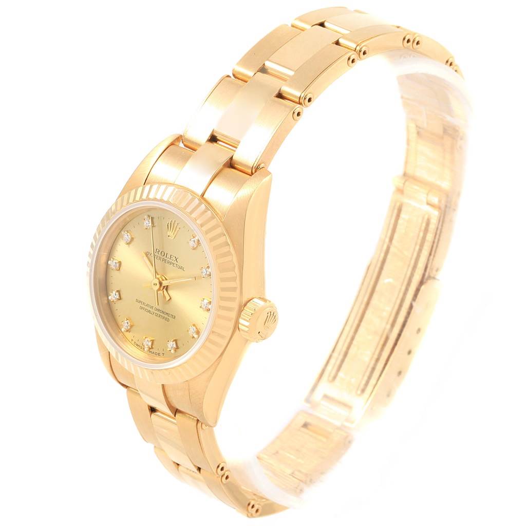 The Rolex President 67198 Women
s Yellow Gold Champagne Dial 67198 Women
s Yellow Gold Champagne Dial model watch is shown at a side angle, displaying its gold case, bezel, dial, and bracelet.