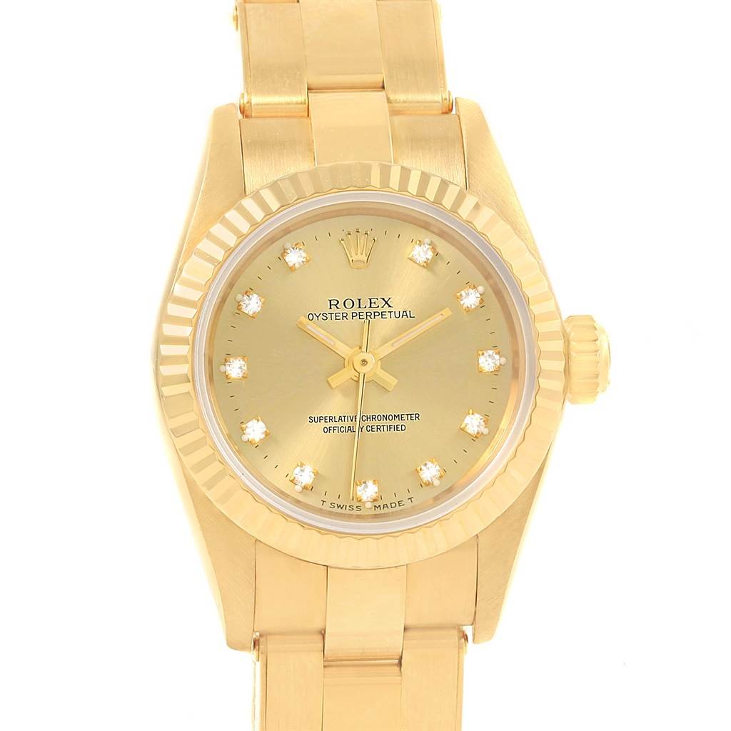 This image shows the front view of a Rolex President 67198 Women
s Yellow Gold Champagne Dial 67198 Women
s Yellow Gold Champagne Dial model watch, highlighting the dial, fluted bezel, and bracelet.