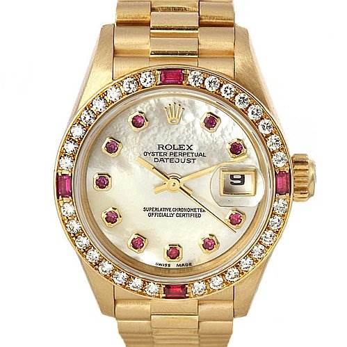 This is a front view of a Rolex President 69068 Women
s Yellow Gold Mother of Pearl Dial 69068 Women
s Yellow Gold Mother of Pearl Dial model watch, showcasing its diamond and ruby-studded bezel, dial, and gold bracelet.