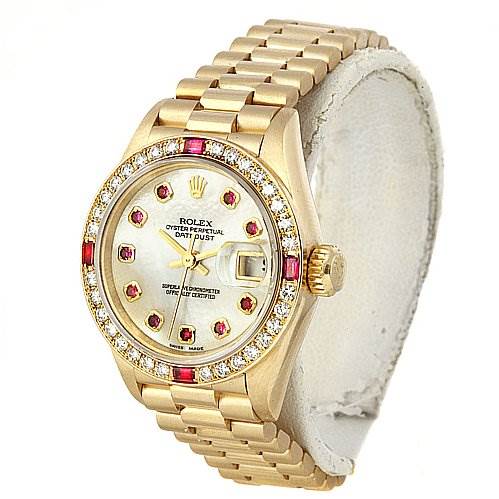 The Rolex President 69068 Women
s Yellow Gold Mother of Pearl Dial 69068 Women
s Yellow Gold Mother of Pearl Dial model watch is shown at a slight angle, displaying the face, band, crown, and bejeweled bezel clearly.