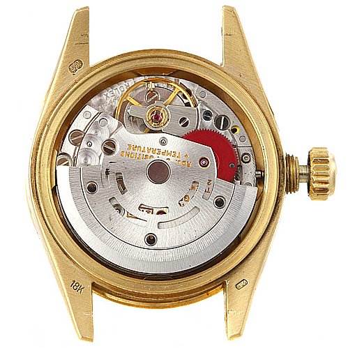 This image shows the internal mechanism of a Rolex President 69068 Women
s Yellow Gold Mother of Pearl Dial 69068 Women
s Yellow Gold Mother of Pearl Dial model watch from a back angle.