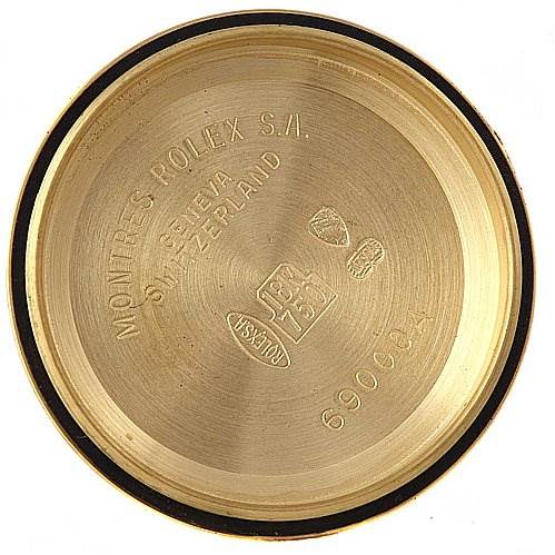 This image shows the interior of the case back of a Rolex President 69068 Women
s Yellow Gold Mother of Pearl Dial 69068 Women
s Yellow Gold Mother of Pearl Dial model watch.