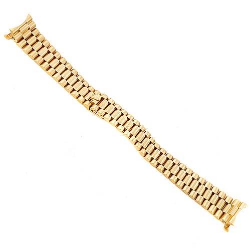 The image shows a gold watch bracelet for the Rolex President 69068 Women
s Yellow Gold Mother of Pearl Dial 69068 Women
s Yellow Gold Mother of Pearl Dial model laid flat, displaying its links and clasp.