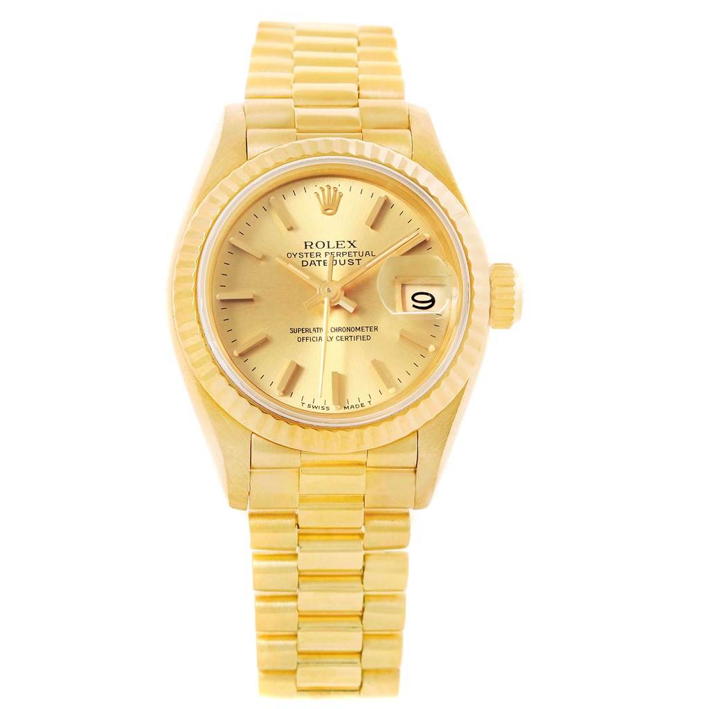 The image shows a front view of the Rolex President 69178 Women
s Yellow Gold Champagne Dial 69178 Women
s Yellow Gold Champagne Dial model with its gold bracelet, dial, and date window.