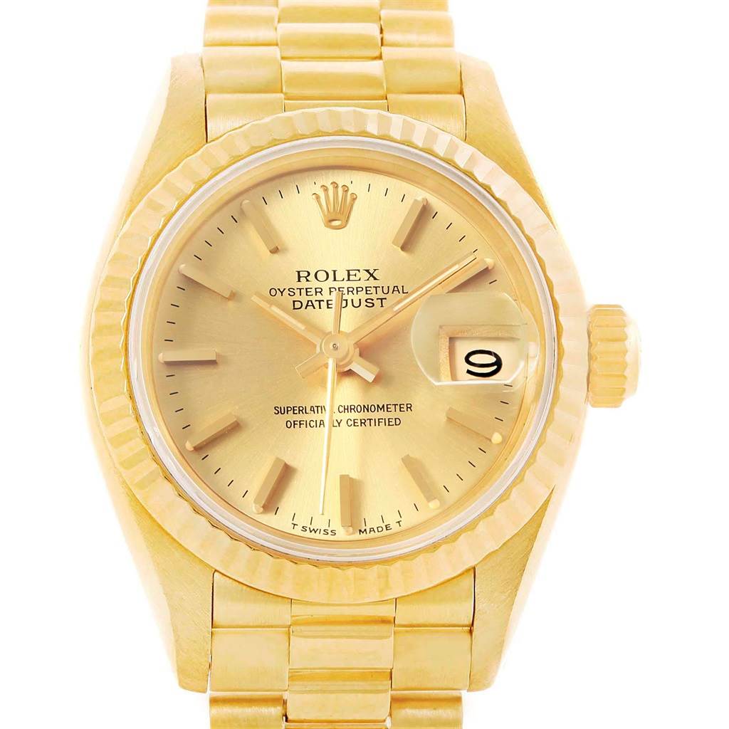 The image shows a frontal view of a Rolex President 69178 Women
s Yellow Gold Champagne Dial 69178 Women
s Yellow Gold Champagne Dial model watch, showcasing the dial, hands, date, bezel, and part of the bracelet.